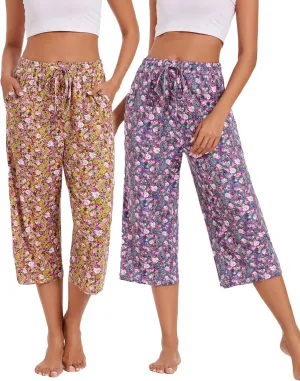 2 Pack Womens Pajama Pants Capri Sleep Lounge Pants Drawstring Pj Bottoms with Pockets