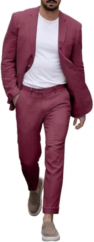 2 Piece Linen Men Suits Slim Fit Casual Linen Suit for Men Summer Beach Wedding Groomsmen Suits