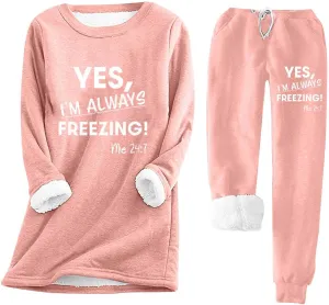 2 Piece Lounge Set Women Funny Letter Print Fleece Crewneck Sweatshirt Sherpa Lined Jogger Soft Warm Sweatpant 2024