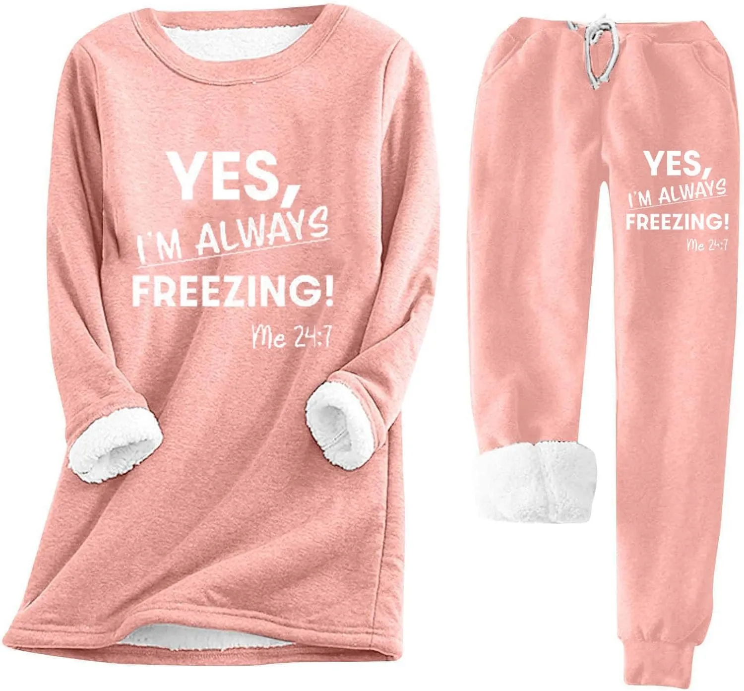 2 Piece Lounge Set Women Funny Letter Print Fleece Crewneck Sweatshirt Sherpa Lined Jogger Soft Warm Sweatpant 2024