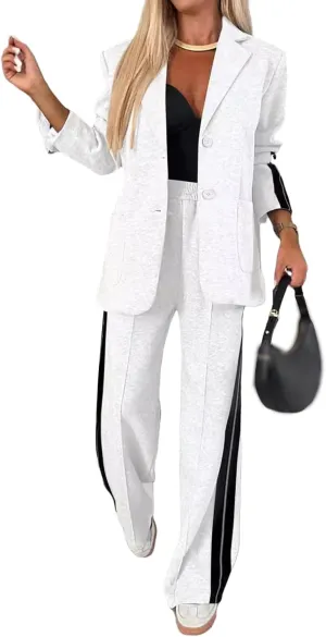 2 Piece Sets for Women Business Casual Blazers Striped Print Blazer Jacket and Wide Leg Pants Work Office Suit Sets