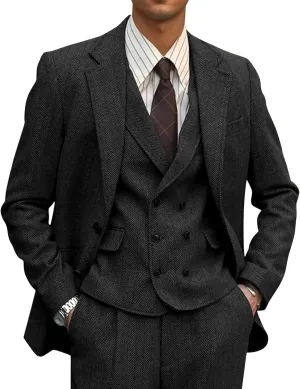 3 Piece Suits for Men Tweed Herringbone Men's Suits Slim Fit Double Breasted Vest Tuxedos Suits Pants Set for Men