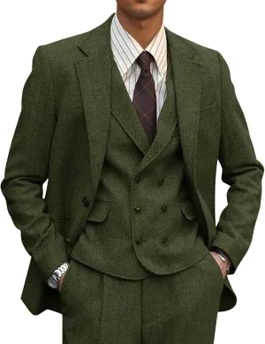 3 Piece Suits for Men Tweed Herringbone Men's Suits Slim Fit Double Breasted Vest Tuxedos Suits Pants Set for Men