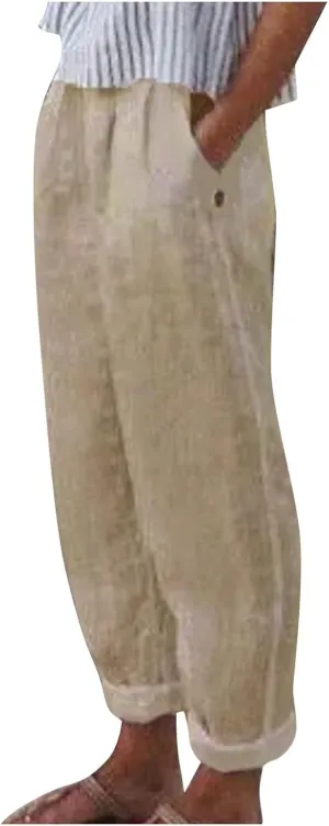 ADHOWBEW Women Linen Pants Vacation Relaxed Fit Spring 2025 Travel Flowy Casual Trendy Dressy Trousers