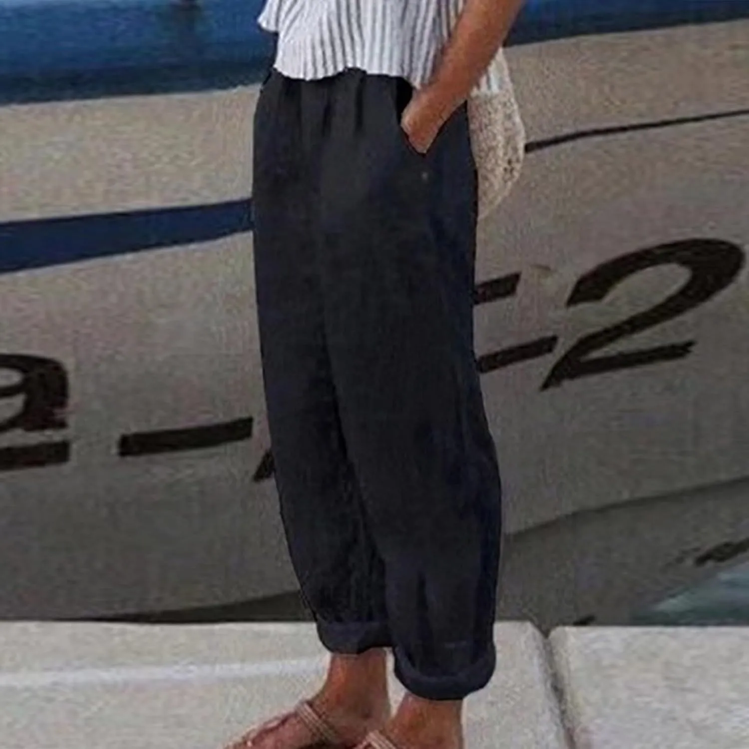 ADHOWBEW Women Linen Pants Vacation Relaxed Fit Spring 2025 Travel Flowy Casual Trendy Dressy Trousers