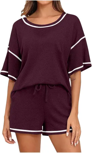 Akklian Pajamas Womens soft Knit Lounge Set Short Sleeve Top and Shorts 2 Piece Sleepwear Loungewear Outfits with Pockets