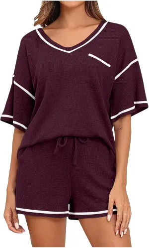 Akklian Pajamas Womens soft Knit Lounge Set Short Sleeve Top and Shorts 2 Piece Sleepwear Loungewear Outfits with Pockets