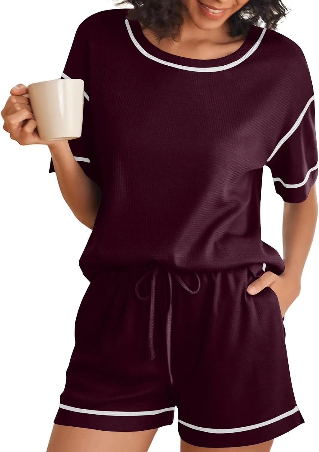 Akklian Pajamas Womens soft Knit Lounge Set Short Sleeve Top and Shorts 2 Piece Sleepwear Loungewear Outfits with Pockets