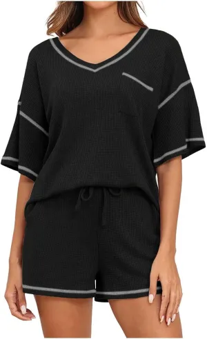 Akklian Pajamas Womens soft Knit Lounge Set Short Sleeve Top and Shorts 2 Piece Sleepwear Loungewear Outfits with Pockets