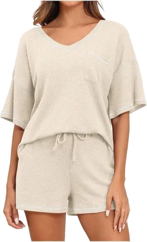Akklian Pajamas Womens soft Knit Lounge Set Short Sleeve Top and Shorts 2 Piece Sleepwear Loungewear Outfits with Pockets