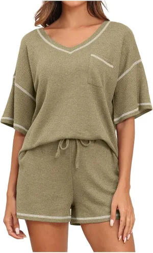 Akklian Pajamas Womens soft Knit Lounge Set Short Sleeve Top and Shorts 2 Piece Sleepwear Loungewear Outfits with Pockets