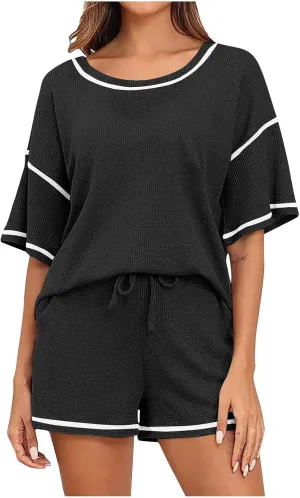 Akklian Pajamas Womens soft Knit Lounge Set Short Sleeve Top and Shorts 2 Piece Sleepwear Loungewear Outfits with Pockets