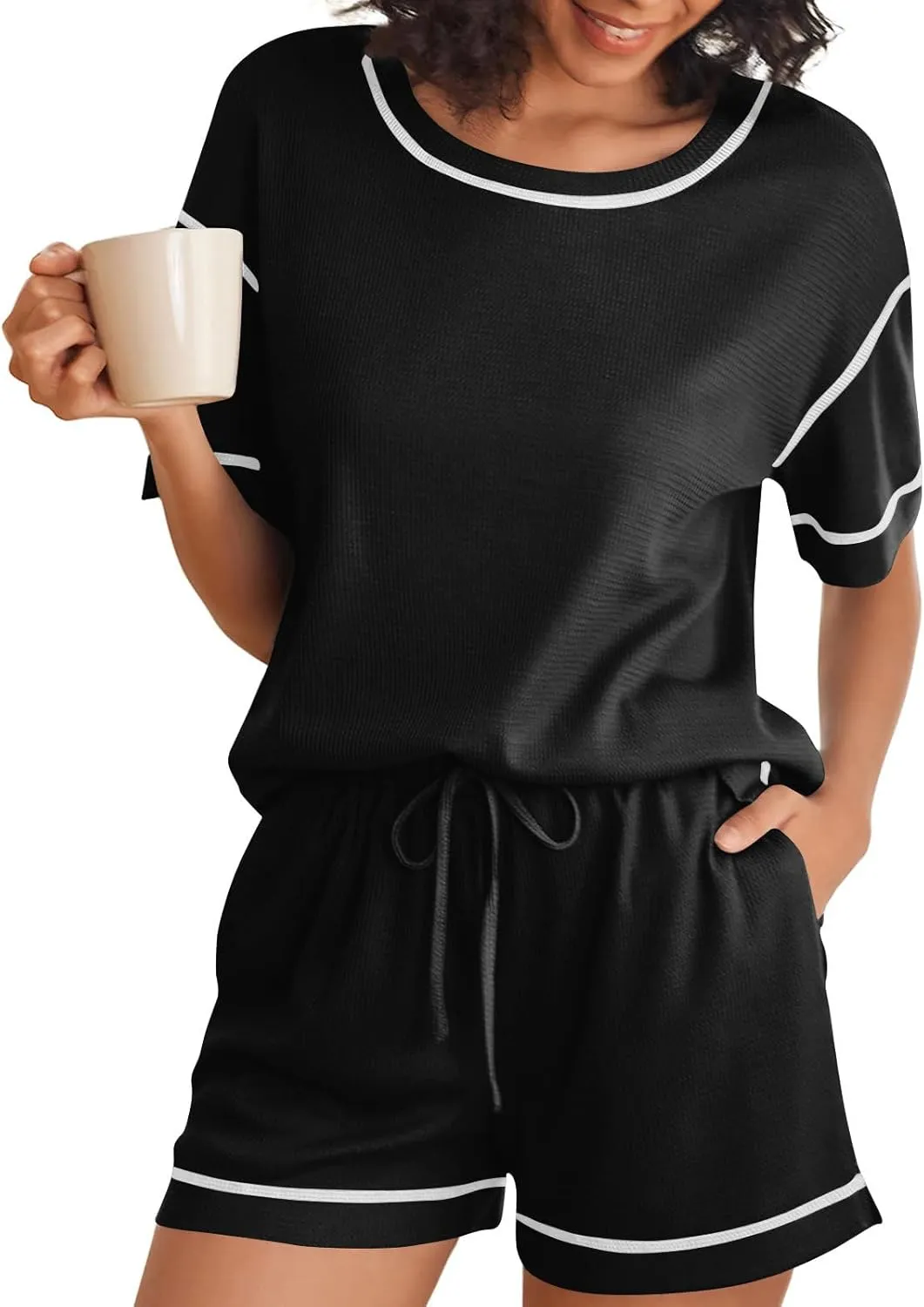 Akklian Pajamas Womens soft Knit Lounge Set Short Sleeve Top and Shorts 2 Piece Sleepwear Loungewear Outfits with Pockets