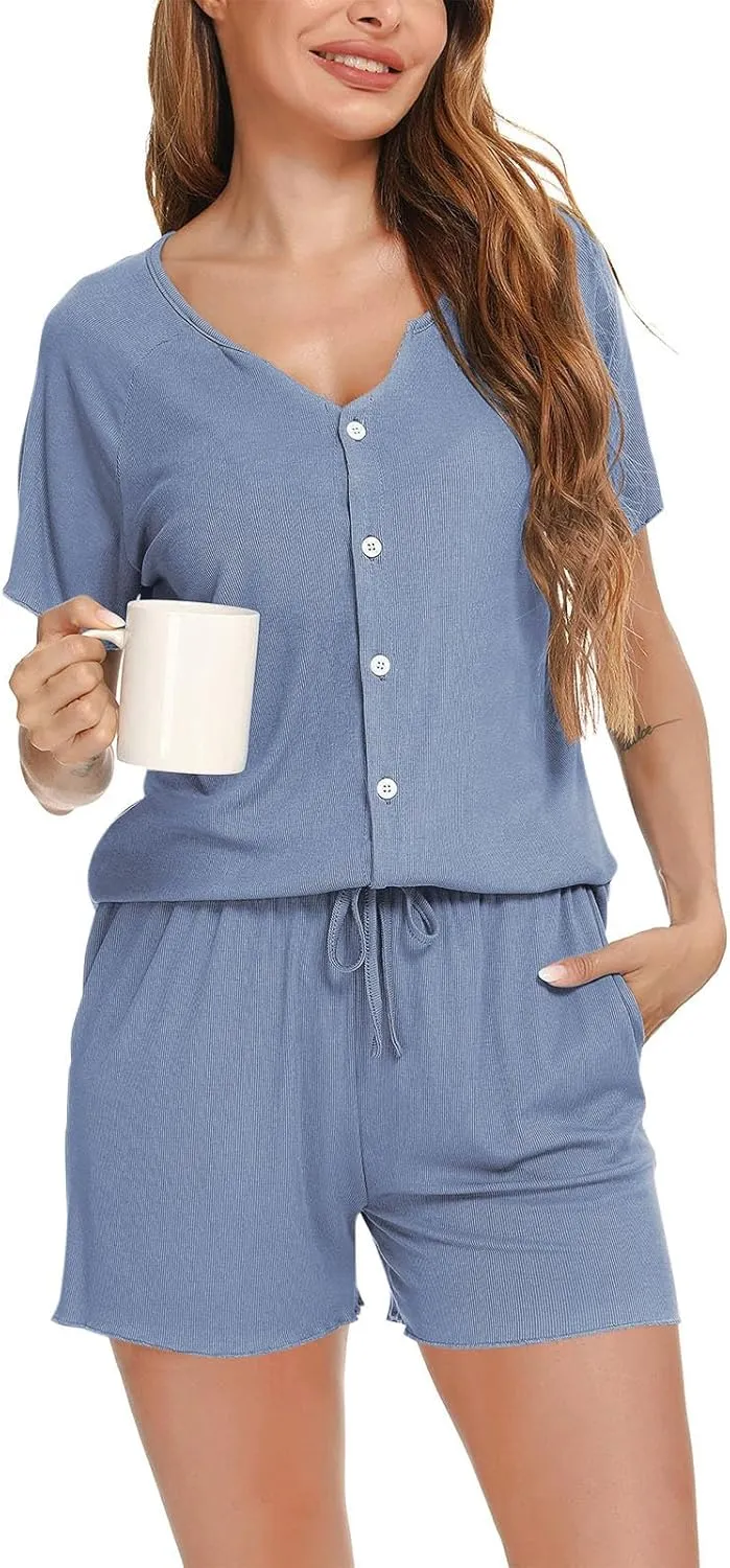 Akklian Soft Knit Pajamas Set Womens Button V Neck Short Sleeve Tops and Drawstring Waist Shorts Sleepwear 2 Piece Pj Sets