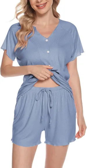 Akklian Soft Knit Pajamas Set Womens Button V Neck Short Sleeve Tops and Drawstring Waist Shorts Sleepwear 2 Piece Pj Sets