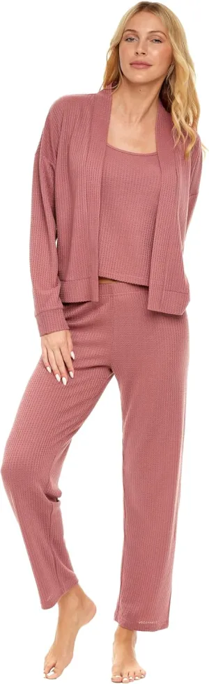 Alexander Del Rossa Women's Soft Ribbed Waffle Rib Knit 3 Piece Lounge Set - Cardigan Sweater, Cami Top Shirt, Pajamas Pants