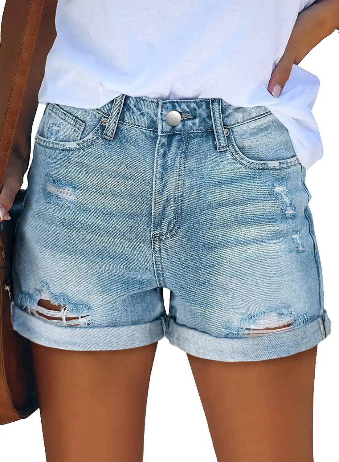 Angerella Denim Shorts for Women Mid Rise Ripped Jean Shorts Stretchy Folded Hem Hot Short Jeans