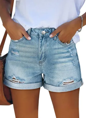 Angerella Denim Shorts for Women Mid Rise Ripped Jean Shorts Stretchy Folded Hem Hot Short Jeans