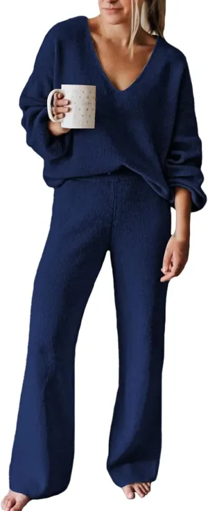 AOHITE Womens Knit Sweater Pajamas Set V-neck Pullover Tops Wide Leg Pants Sleepwear Loungewear Outfits Blue Medium