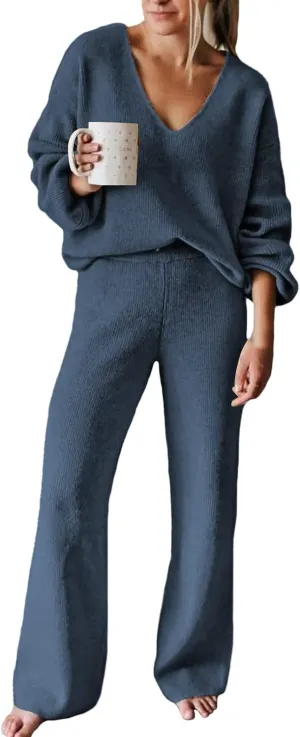 AOHITE Womens Knit Sweater Pajamas Set V-neck Pullover Tops Wide Leg Pants Sleepwear Loungewear Outfits Light Blue Medium