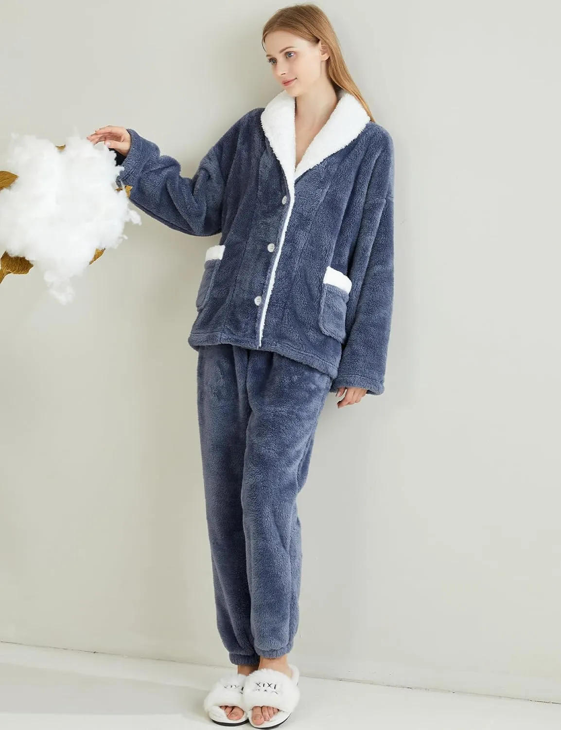 Arssm Womens Fluffy Pajama Set 2 Piece Pjs Set Fuzzy Sleepwear Top Pants Coral Fleece Lounge Set Button Down Pjs