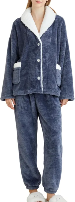 Arssm Womens Fluffy Pajama Set 2 Piece Pjs Set Fuzzy Sleepwear Top Pants Coral Fleece Lounge Set Button Down Pjs