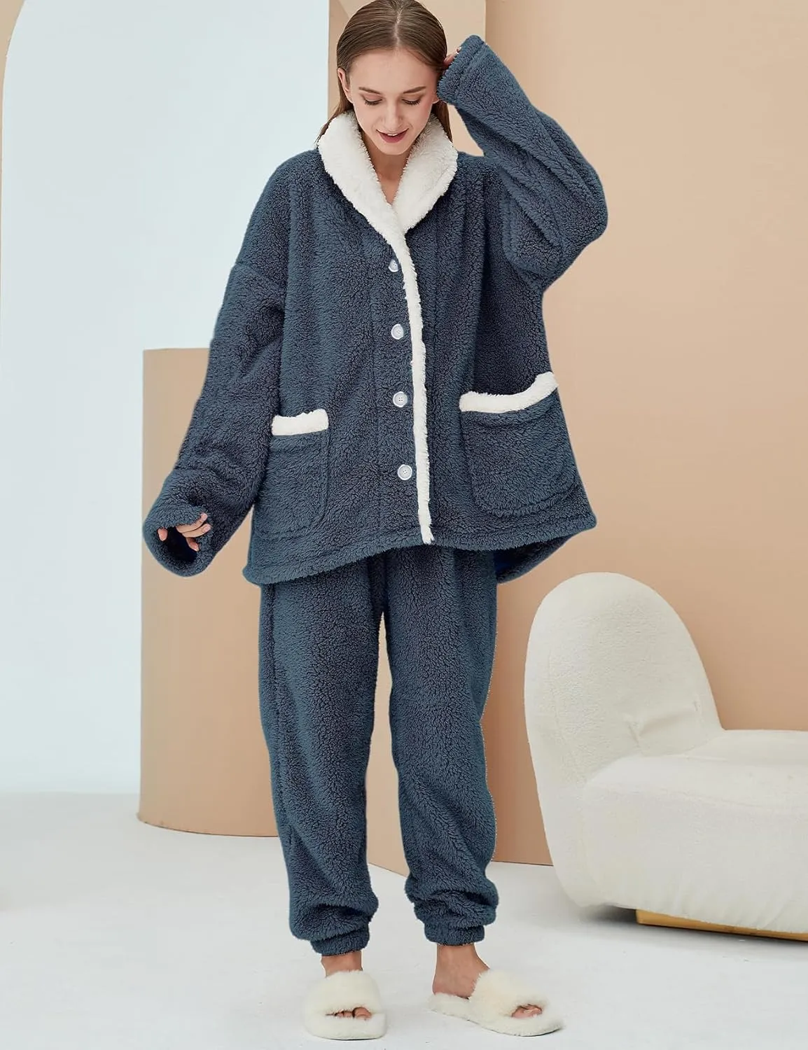 Arssm Womens Fluffy Pajama Set 2 Piece Pjs Set Fuzzy Sleepwear Top Pants Coral Fleece Lounge Set Button Down Pjs