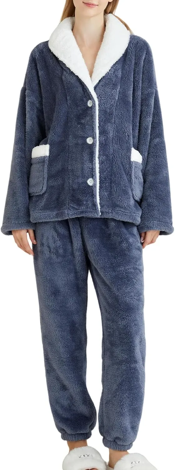 Arssm Womens Fluffy Pajama Set 2 Piece Pjs Set Fuzzy Sleepwear Top Pants Coral Fleece Lounge Set Button Down Pjs