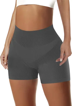 AURUZA 2PCS Workout Shorts Women, High Waist Biker Seamless Ribbed Athletic Yoga Gym Shorts Leggings, Blue, Solid