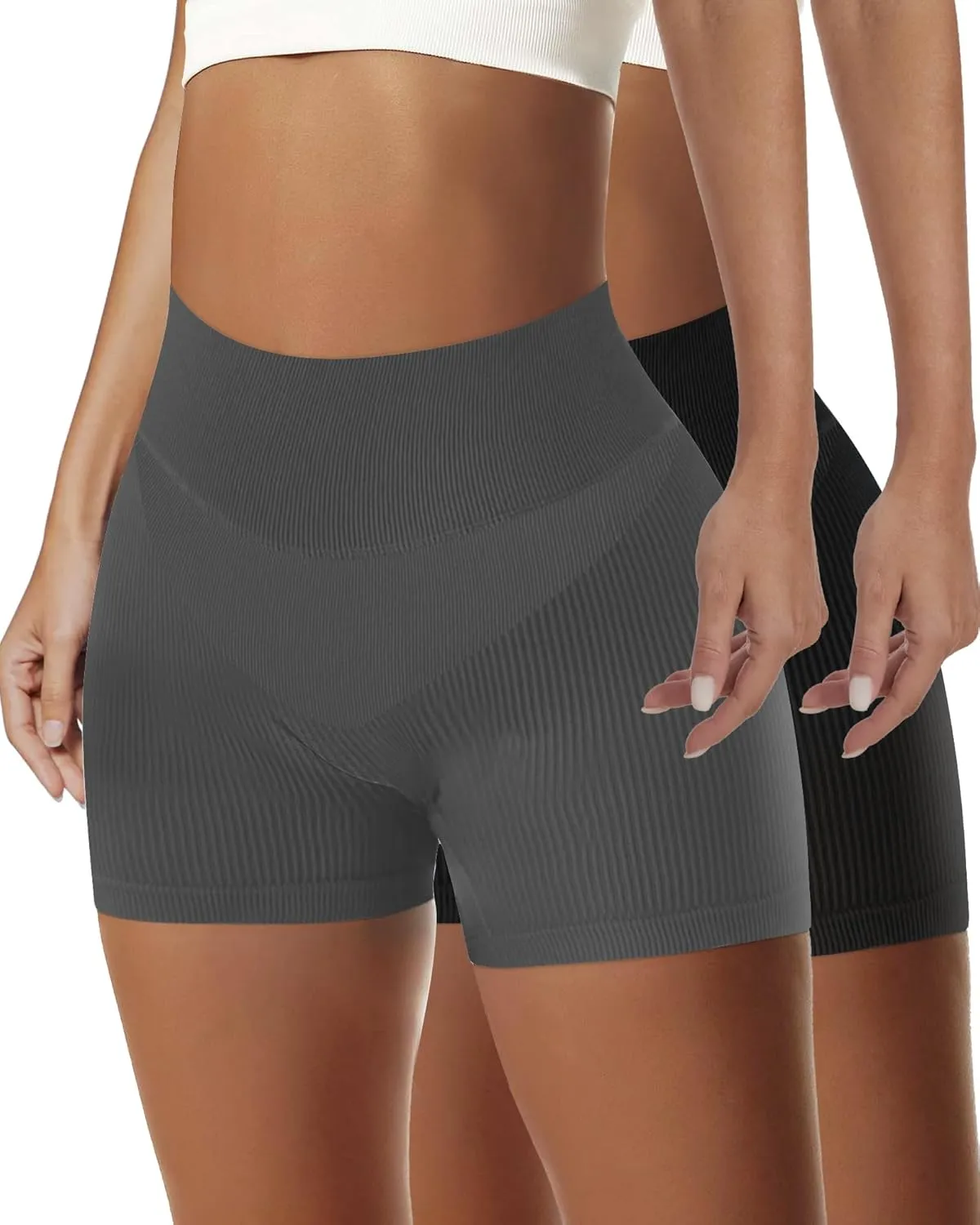 AURUZA 2PCS Workout Shorts Women, High Waist Biker Seamless Ribbed Athletic Yoga Gym Shorts Leggings, Blue, Solid