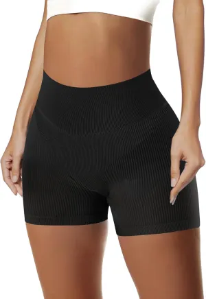 AURUZA 2PCS Workout Shorts Women, High Waist Biker Seamless Ribbed Athletic Yoga Gym Shorts Leggings, Blue, Solid
