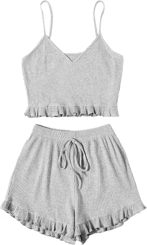 Avanova Women Sexy 2 Piece Pajama Set Ruffle Trim Cami Top and Shorts Sleepwear Set