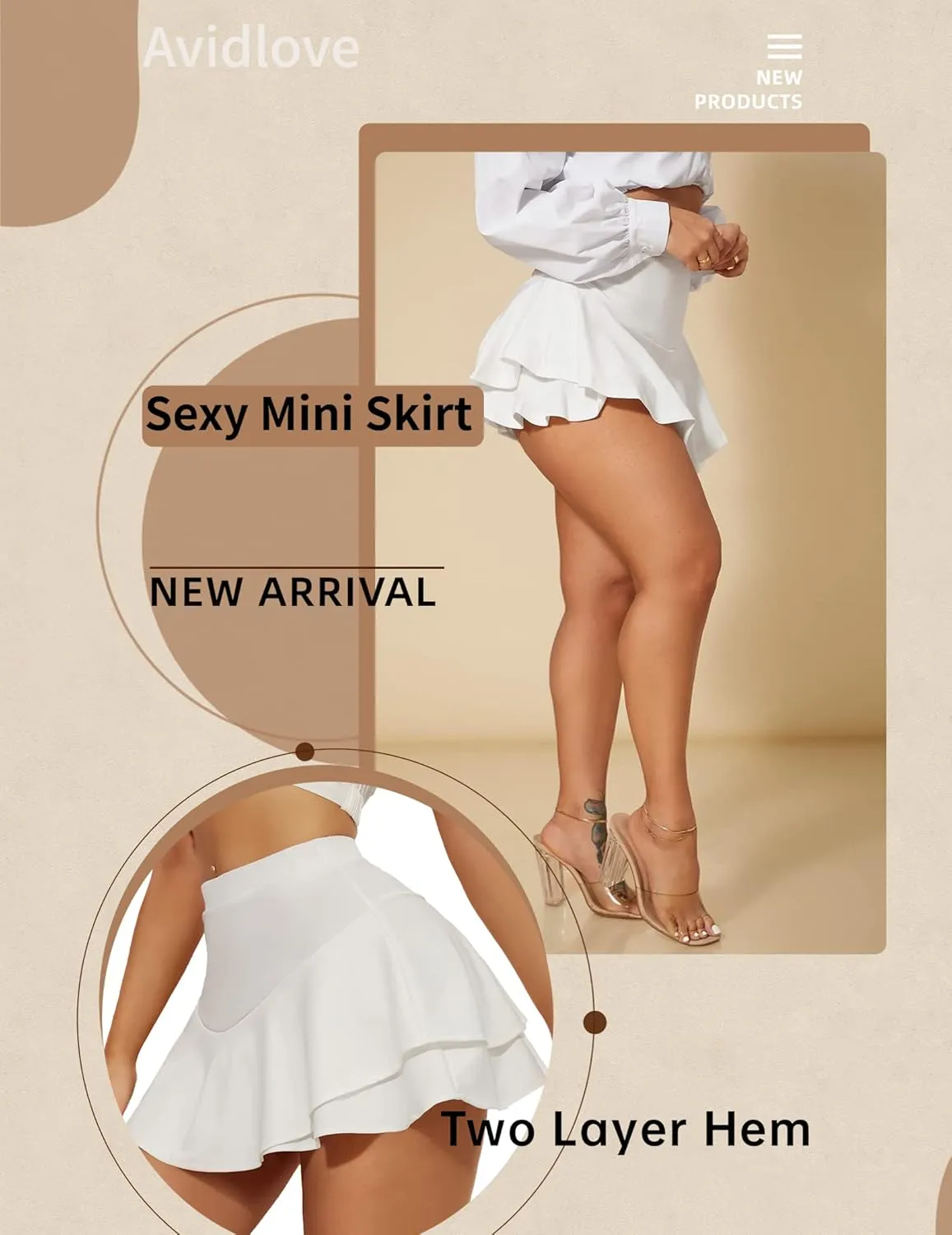 Avidlove Mini Skirt for Women Sexy Solid Ruffle Trim Lingerie Skirt Short High Waist Two Layer Hem Skirt