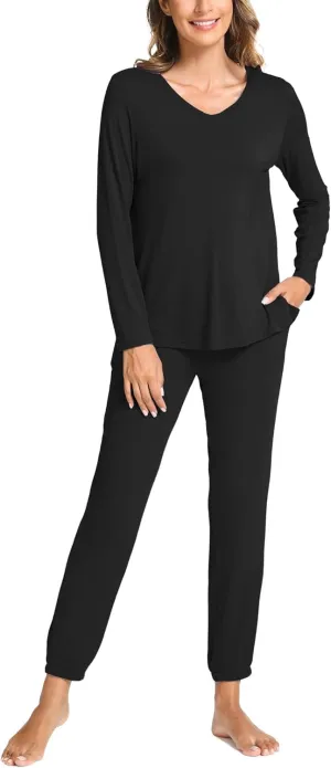 Bamboo Viscose Womens Pajamas Set Long Sleeve V Neck Sleep Sets with Pockets