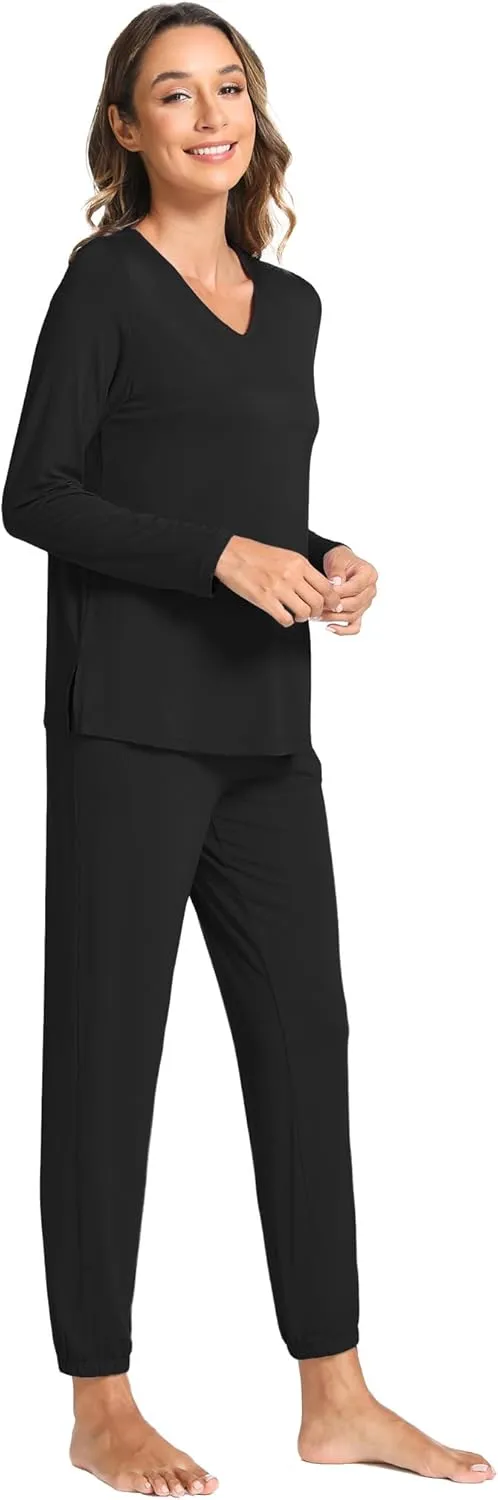 Bamboo Viscose Womens Pajamas Set Long Sleeve V Neck Sleep Sets with Pockets
