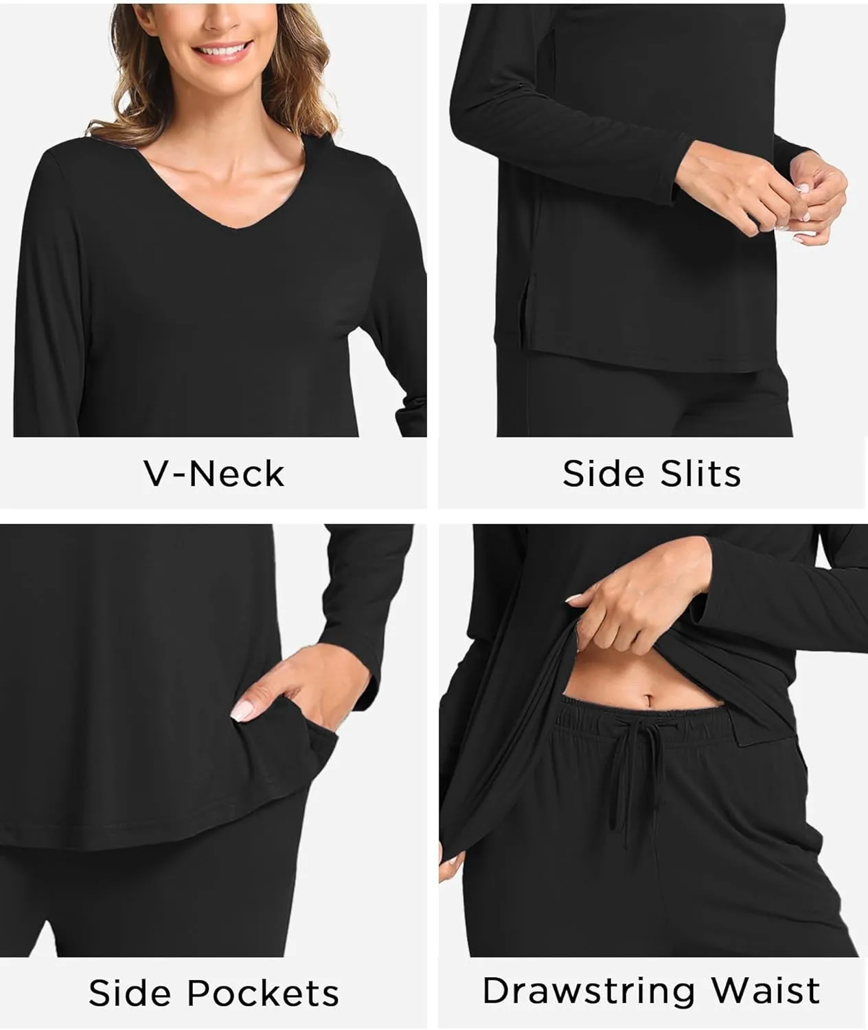 Bamboo Viscose Womens Pajamas Set Long Sleeve V Neck Sleep Sets with Pockets