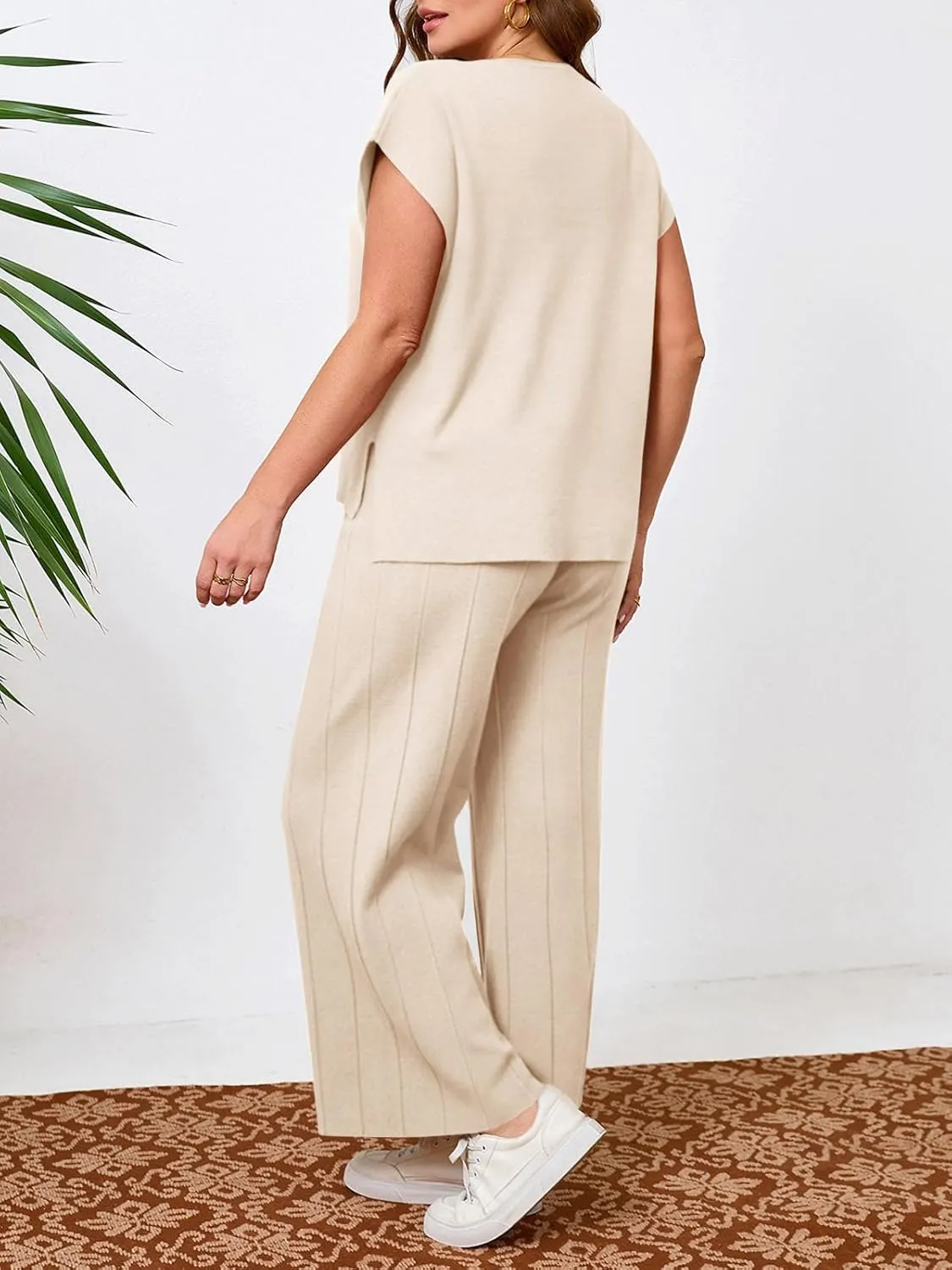 Beautife Womens Plus Size Lounge Sets Knit 2 Piece Outfits Cap Sleeve Tops and Wide Leg Pants Vacation Sweater Set