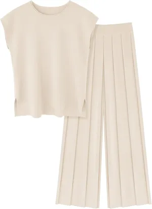 Beautife Womens Plus Size Lounge Sets Knit 2 Piece Outfits Cap Sleeve Tops and Wide Leg Pants Vacation Sweater Set