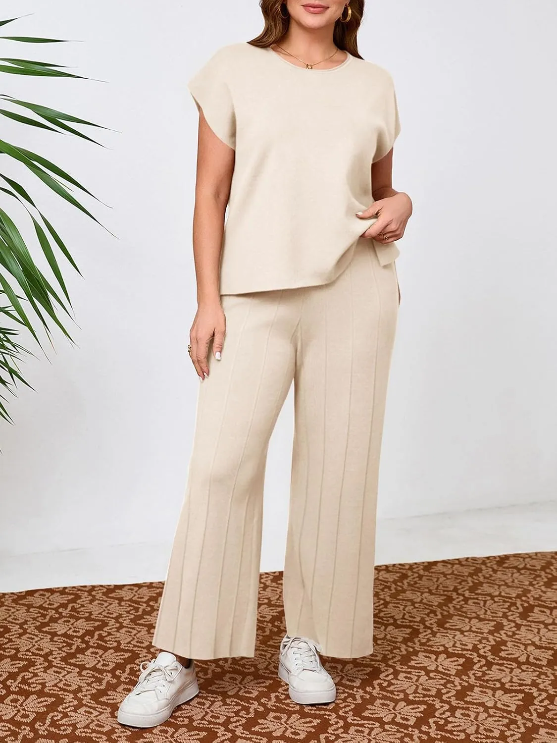 Beautife Womens Plus Size Lounge Sets Knit 2 Piece Outfits Cap Sleeve Tops and Wide Leg Pants Vacation Sweater Set