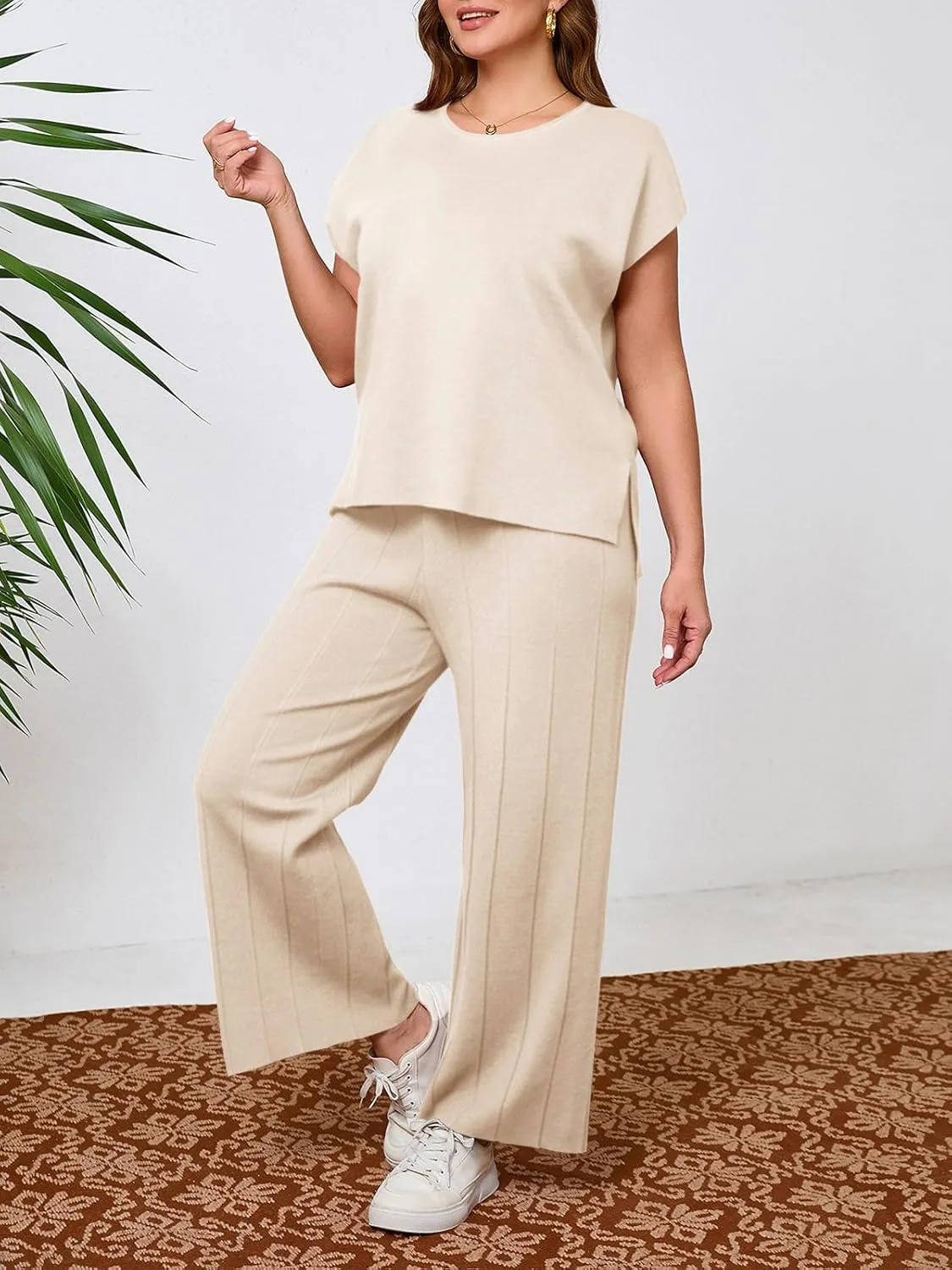 Beautife Womens Plus Size Lounge Sets Knit 2 Piece Outfits Cap Sleeve Tops and Wide Leg Pants Vacation Sweater Set