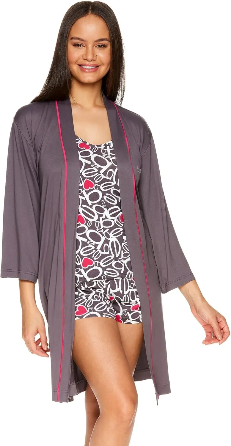 bebe Womens Pajamas 3-Piece Set, Tank Top, Pajama Shorts, and Short Robe Sleepwear Travel Set, Pajama Set Gifts for Women