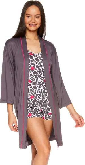 bebe Womens Pajamas 3-Piece Set, Tank Top, Pajama Shorts, and Short Robe Sleepwear Travel Set, Pajama Set Gifts for Women