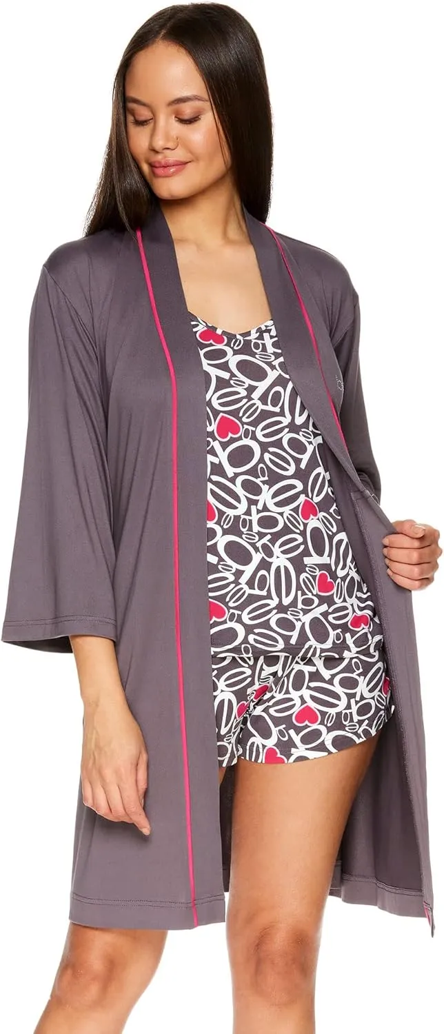 bebe Womens Pajamas 3-Piece Set, Tank Top, Pajama Shorts, and Short Robe Sleepwear Travel Set, Pajama Set Gifts for Women