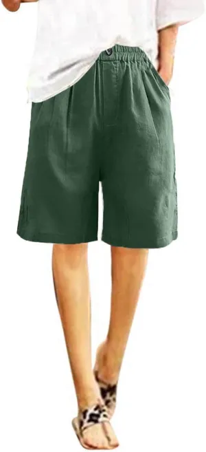 Bermuda Shorts for Womens Knee Length Cotton Linen Capris Lightweight Summer Straight Leg Beach Travel Shorts W Pocket