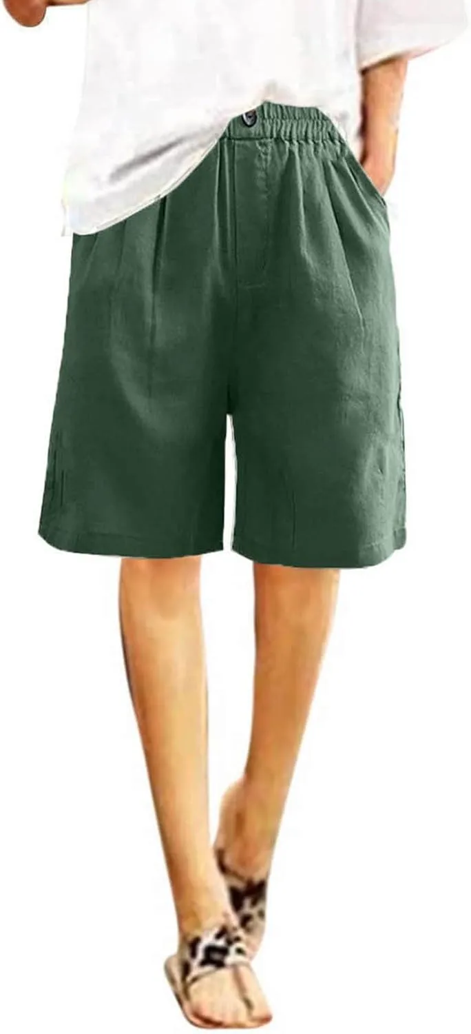 Bermuda Shorts for Womens Knee Length Cotton Linen Capris Lightweight Summer Straight Leg Beach Travel Shorts W Pocket