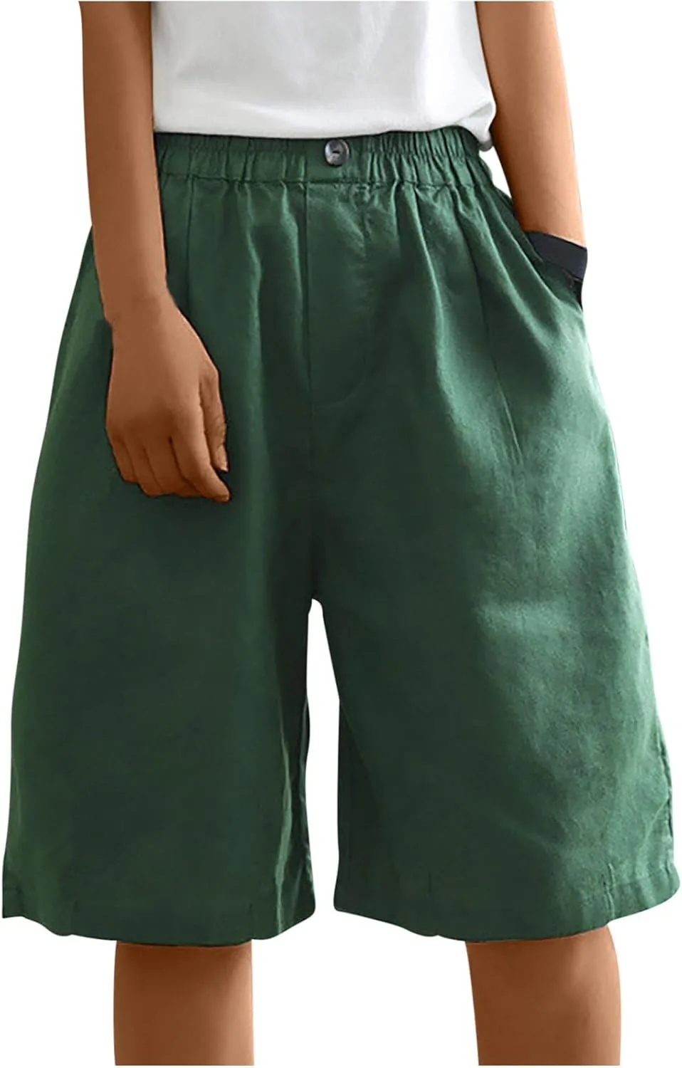 Bermuda Shorts for Womens Knee Length Cotton Linen Capris Lightweight Summer Straight Leg Beach Travel Shorts W Pocket