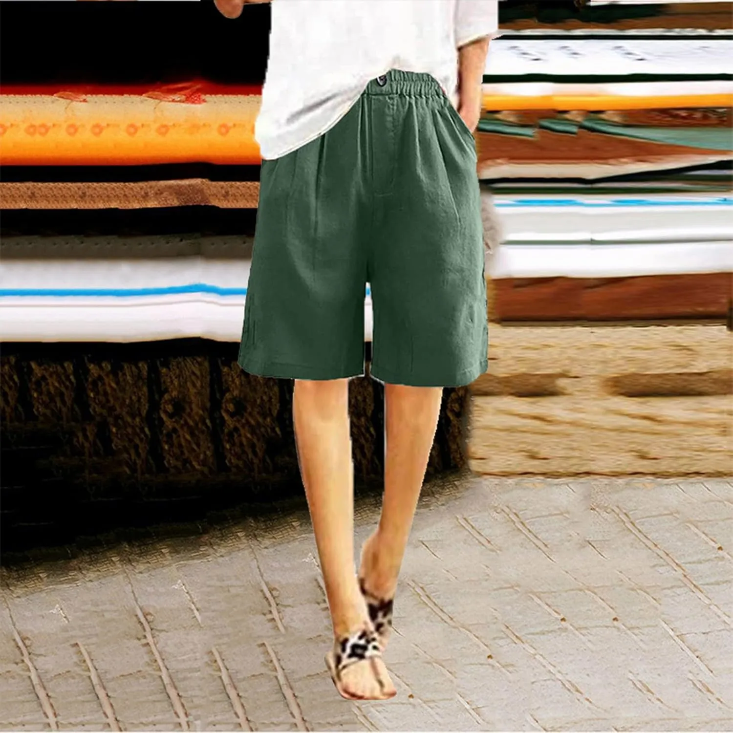 Bermuda Shorts for Womens Knee Length Cotton Linen Capris Lightweight Summer Straight Leg Beach Travel Shorts W Pocket