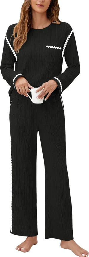 Blooming Jelly Women's Pajama Sets Long Sleeve 2 Piece Lounge Sets Soft Knit Pjs Cozy Sleepwear with Pockets