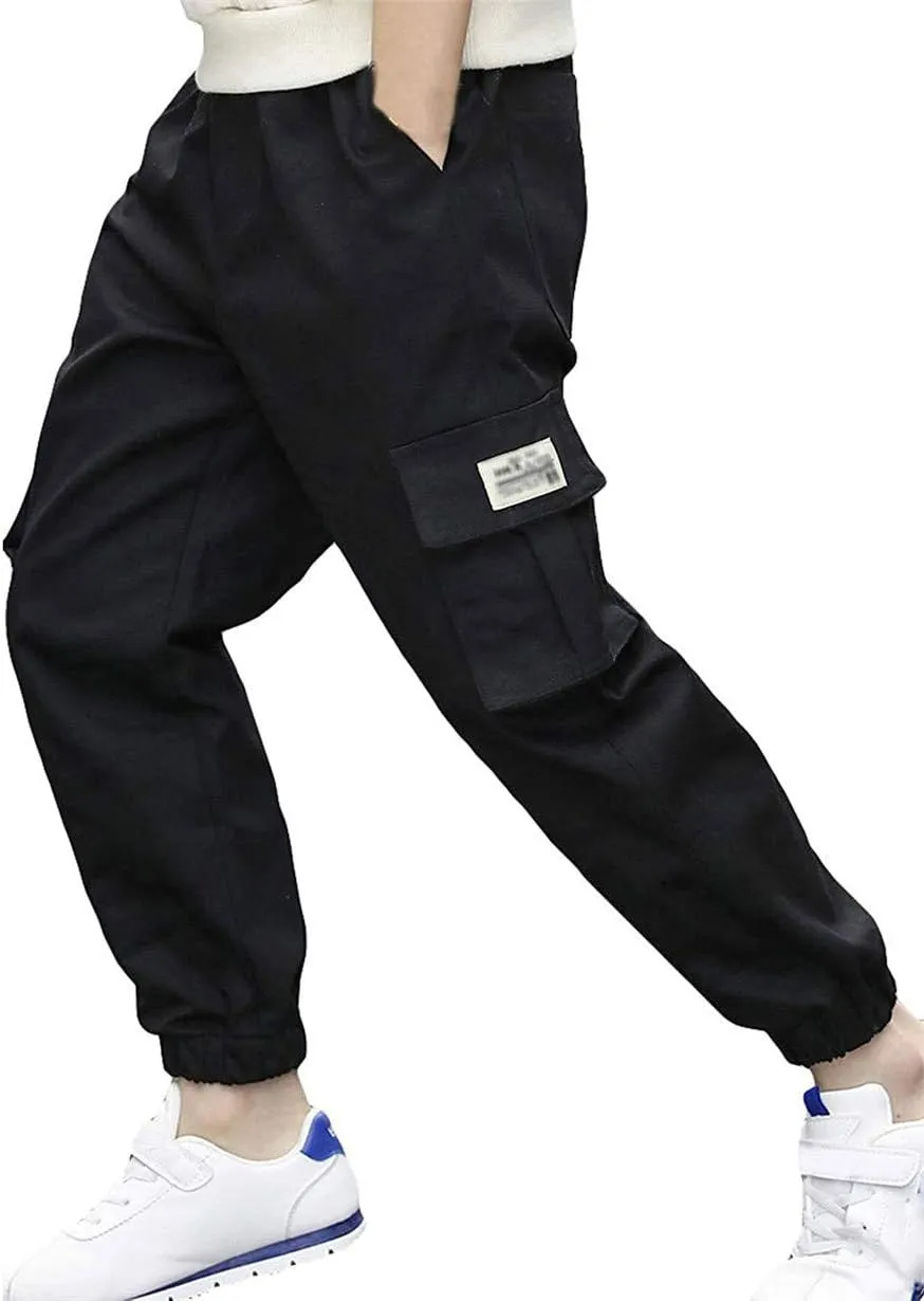 Boys Cotton Jogger Pants Elastic Waist Pull On Camouflage Cargo Pants with Multi-Pockets