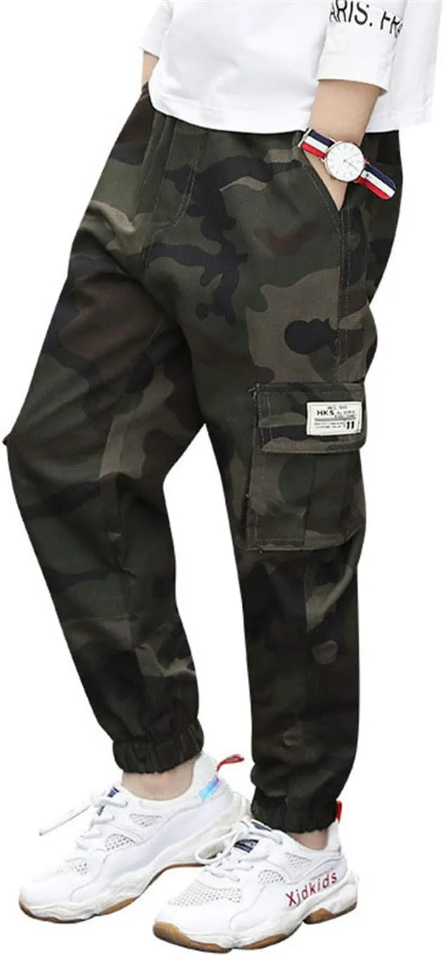 Boys Cotton Jogger Pants Elastic Waist Pull On Camouflage Cargo Pants with Multi-Pockets